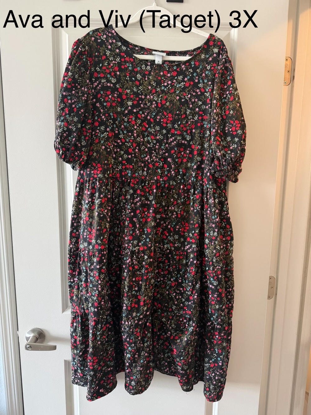 Ava & Viv Black Floral Midi Dress with Pink and Green Print